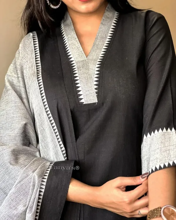 Black_South_Cotton_Handloom_Kurti_With_Pant_&_Dupatta_Set_|_For_Women
