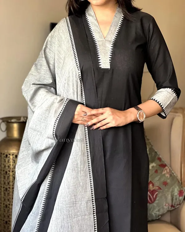 Black_South_Cotton_Handloom_Kurti_With_Pant_&_Dupatta_Set_|_For_Women