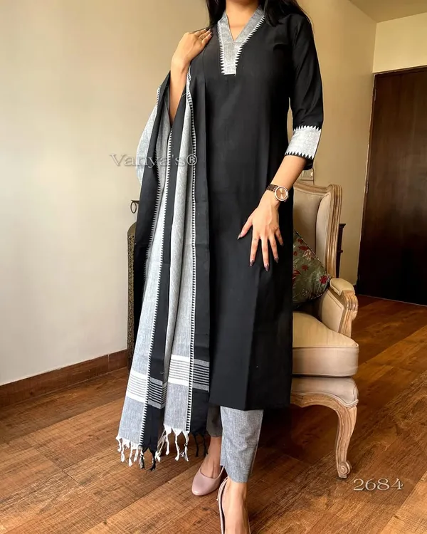 Black_South_Cotton_Handloom_Kurti_With_Pant_&_Dupatta_Set_|_For_Women