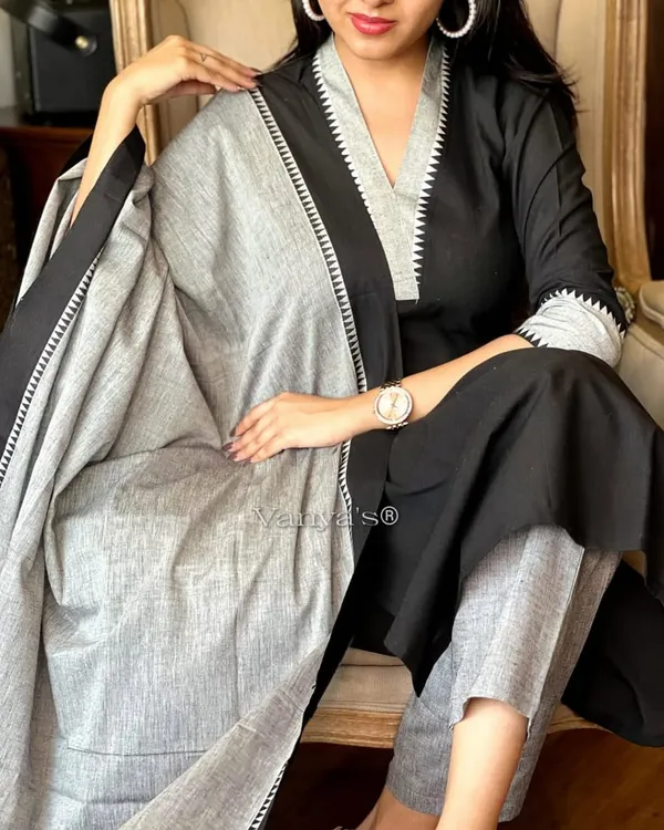 Black_South_Cotton_Handloom_Kurti_With_Pant_&_Dupatta_Set_|_For_Women