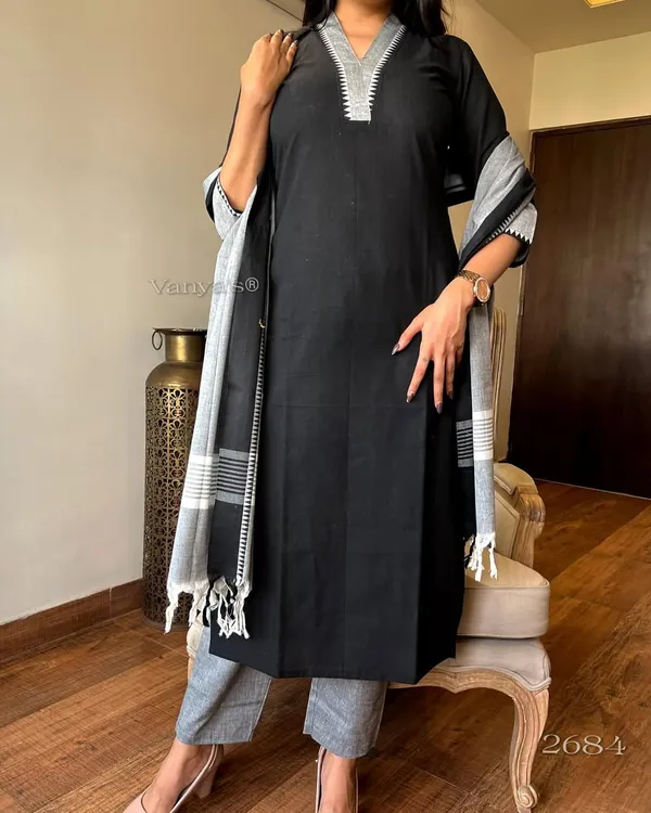 Black_South_Cotton_Handloom_Kurti_With_Pant_&_Dupatta_Set_|_For_Women
