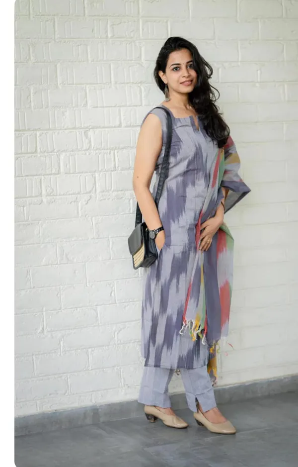 Grey_South_Cotton_Handloom_Kurti_With_Pant_&_Dupatta_Set_|_For_Women