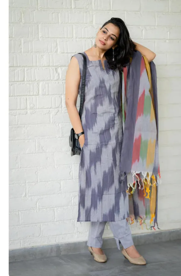 Grey_South_Cotton_Handloom_Kurti_With_Pant_&_Dupatta_Set_|_For_Women