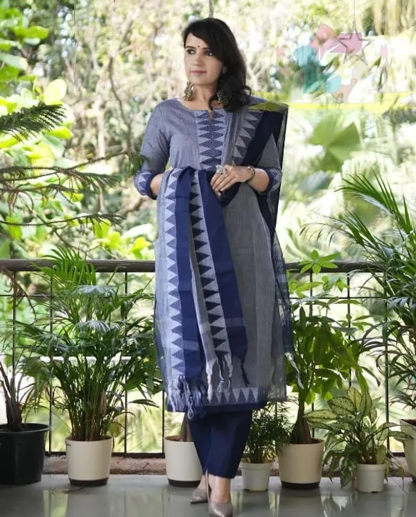 Grey_South_Cotton_Handloom_Kurti_With_Pant_&_Dupatta_Set_|_For_Women