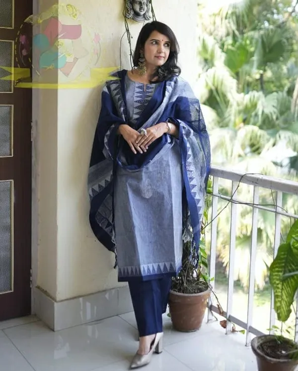 Grey_South_Cotton_Handloom_Kurti_With_Pant_&_Dupatta_Set_|_For_Women