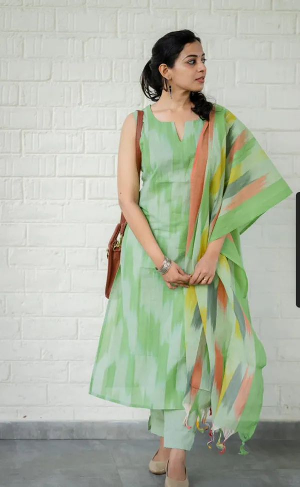 Green_South_Cotton_Handloom_Kurti_With_Pant_&_Dupatta_Set_|_For_Women