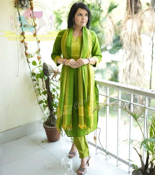 Green_South_Cotton_Handloom_Kurti_With_Pant_&_Dupatta_Set_|_For_Women
