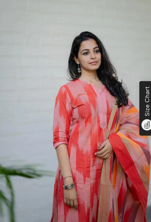 Peach_Handloom_Cotton_Handloom_Kurti_With_Pant_&_Dupatta_Set_|_For_Women
