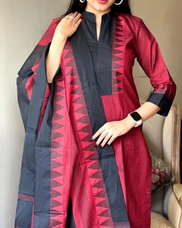 Maroon_&_Black_South_Cotton_Handloom_Kurti_With_Pant_&_Dupatta_Set_|_For_Women