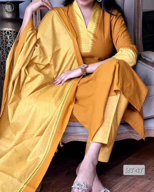 Mustard_South_Cotton_Handloom_Kurti_With_Pant_&_Dupatta_Set_|_For_Women