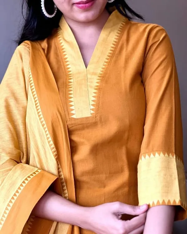 Mustard_South_Cotton_Handloom_Kurti_With_Pant_&_Dupatta_Set_|_For_Women