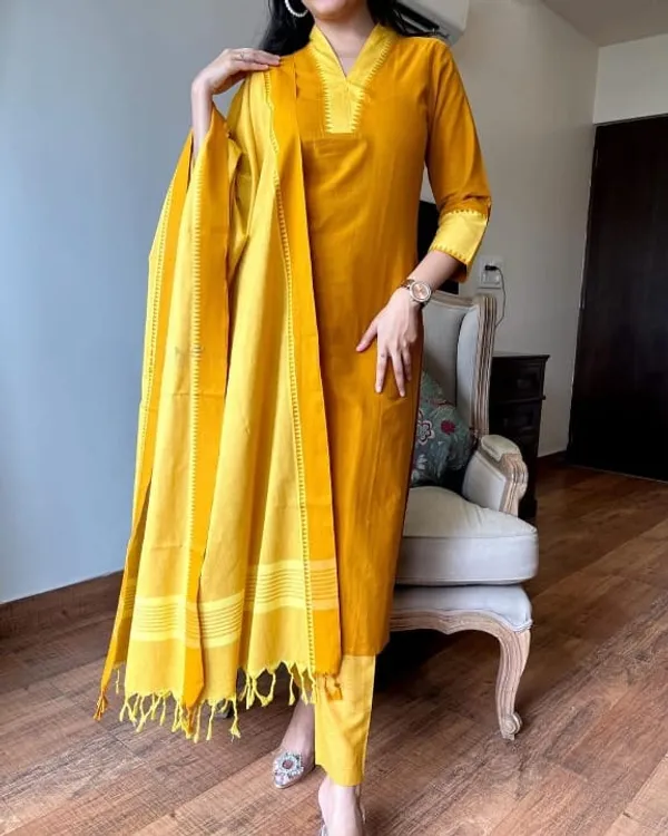 Mustard_South_Cotton_Handloom_Kurti_With_Pant_&_Dupatta_Set_|_For_Women