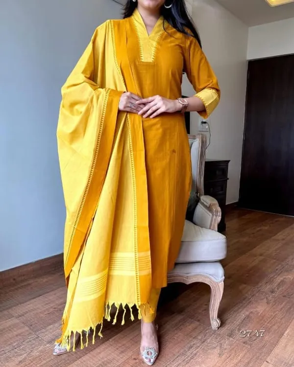 Mustard_South_Cotton_Handloom_Kurti_With_Pant_&_Dupatta_Set_|_For_Women