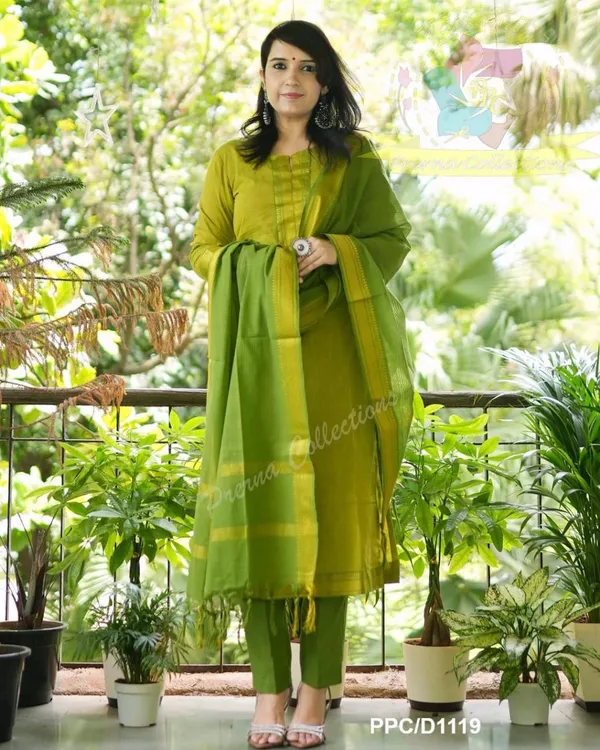 Parrot_Green_South_Cotton_Handloom_Kurti_With_Pant_&_Dupatta_Set_|_For_Women
