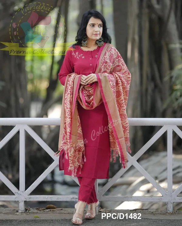 Pink_Khadi_Cotton_Kurti_With_Pant_&_Dupatta_Set_|_For_Women