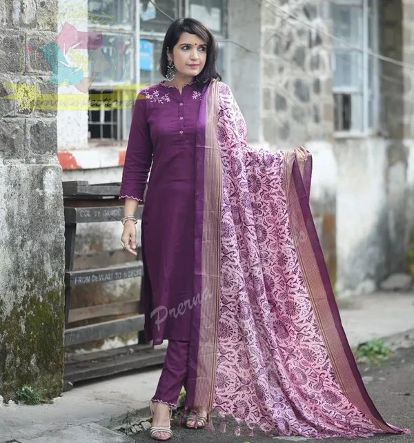 Wine_Khadi_Cotton_Kurti_With_Pant_&_Dupatta_Set_|_For_Women