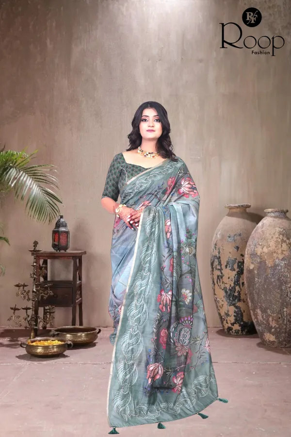 Olive_Green_Chanderi_Silk_Digital_Print_Saree_For_Women