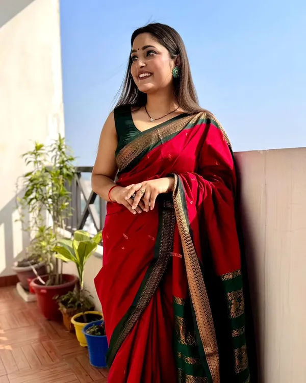 Elegance_Redefined_Roop_Fashion's_Exiting_Red_Banarasi_Soft_Silk_Saree_with_Intricate_Brocade_and_Gold_Zari_Work_for_Women