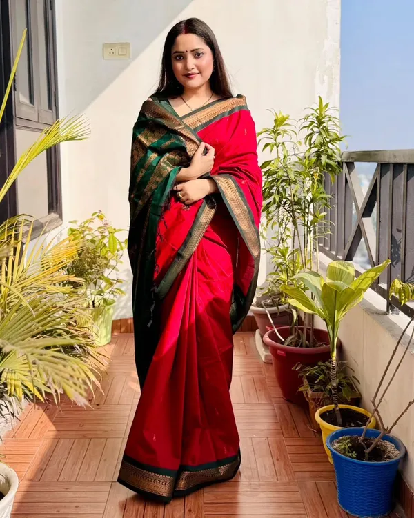 Elegance_Redefined_Roop_Fashion's_Exiting_Red_Banarasi_Soft_Silk_Saree_with_Intricate_Brocade_and_Gold_Zari_Work_for_Women