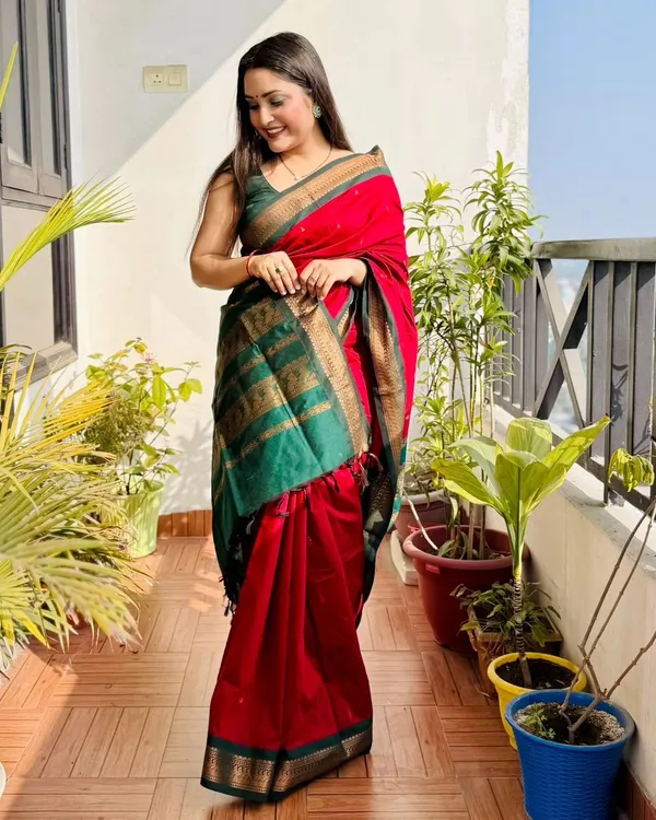 Elegance_Redefined_Roop_Fashion's_Exiting_Red_Banarasi_Soft_Silk_Saree_with_Intricate_Brocade_and_Gold_Zari_Work_for_Women