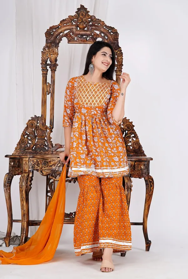 Yellow_Pure_Cotton_Floral_Print_Sharara_Set_For_Women