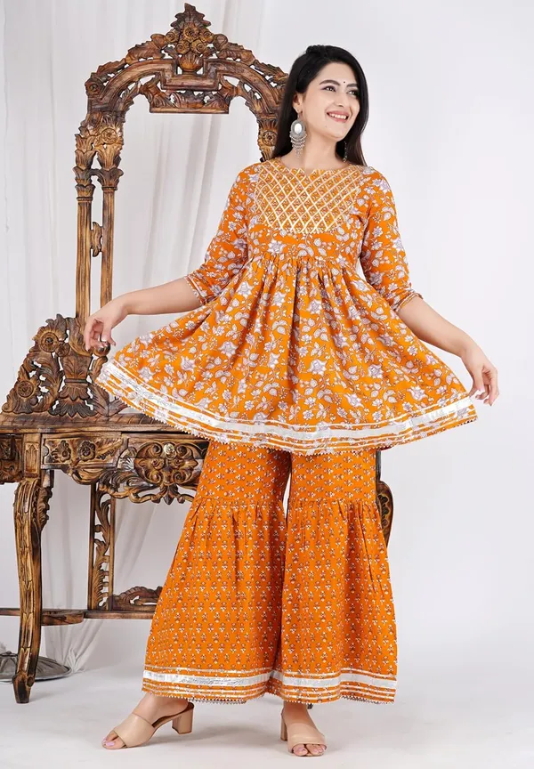 Yellow_Pure_Cotton_Floral_Print_Sharara_Set_For_Women