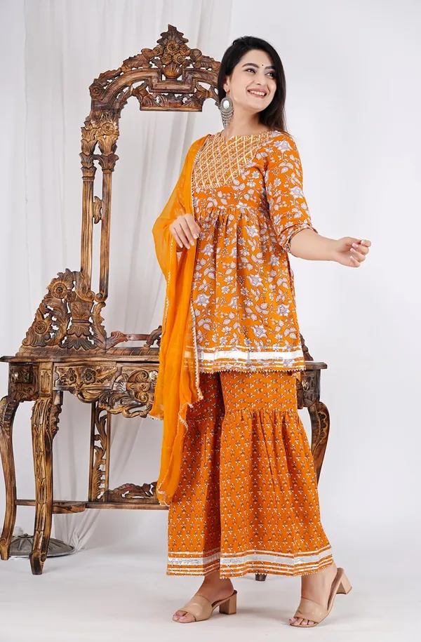 Yellow_Pure_Cotton_Floral_Print_Sharara_Set_For_Women