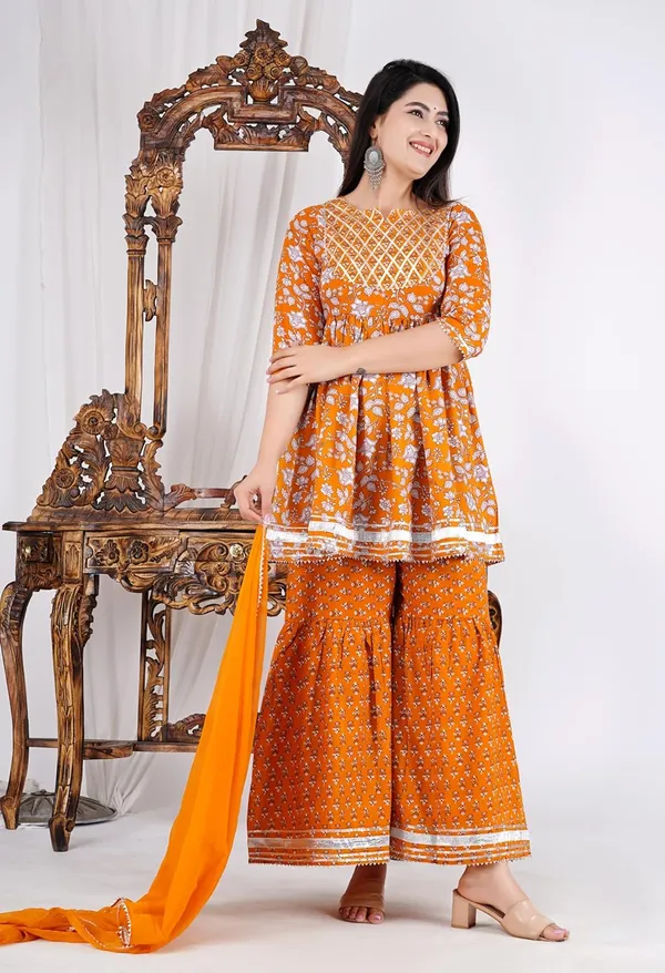 Yellow_Pure_Cotton_Floral_Print_Sharara_Set_For_Women