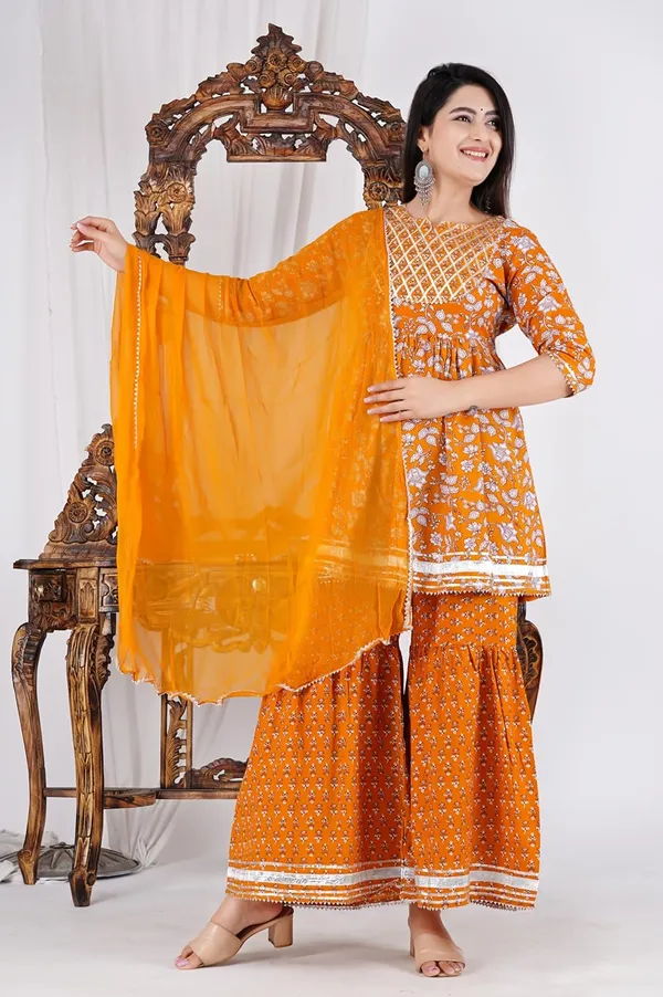 Yellow_Pure_Cotton_Floral_Print_Sharara_Set_For_Women