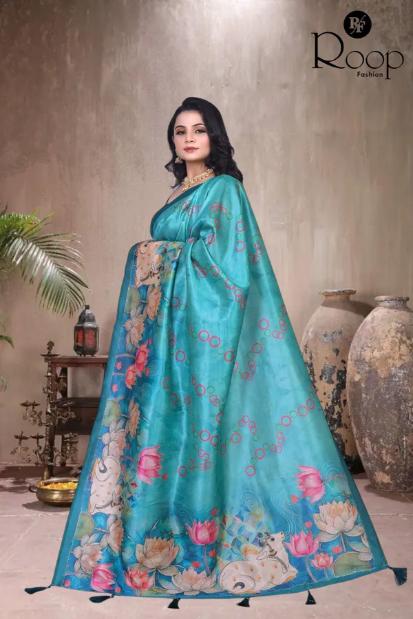 Ceruiean_Blue_Zarana_Silk_Hand_Block_Print_Saree_For_Women