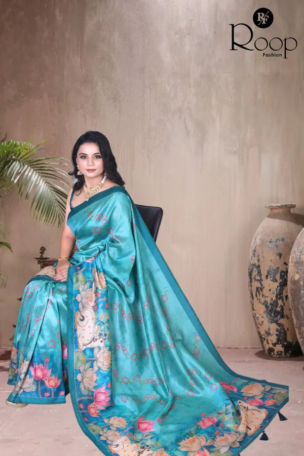 Ceruiean_Blue_Zarana_Silk_Hand_Block_Print_Saree_For_Women