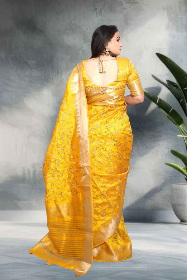 Yellow_Traditional_Linen_Cotton_Katha_Work_Saree