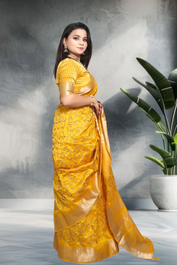 Yellow_Traditional_Linen_Cotton_Katha_Work_Saree