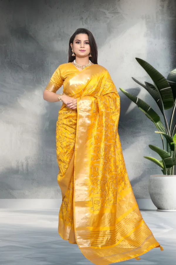 Yellow_Traditional_Linen_Cotton_Katha_Work_Saree