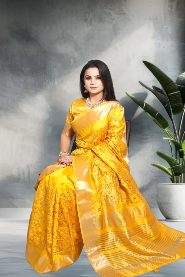 Yellow_Traditional_Linen_Cotton_Katha_Work_Saree
