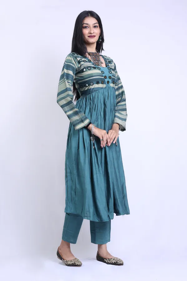 Castleton_Green_Art_Silk_Linen_Blend_Mirror_Work_Anarkali_Kurta_With_Elegant_Trousers_Pant_For_Women
