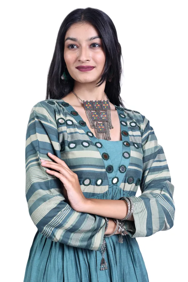 Castleton_Green_Art_Silk_Linen_Blend_Mirror_Work_Anarkali_Kurta_With_Elegant_Trousers_Pant_For_Women