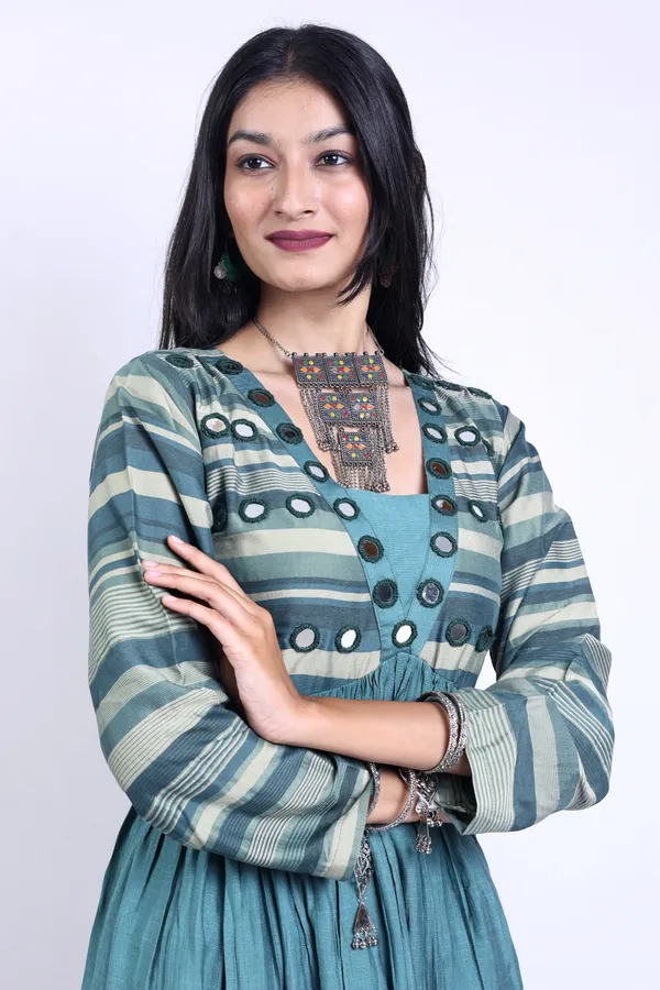 Castleton_Green_Art_Silk_Linen_Blend_Mirror_Work_Anarkali_Kurta_With_Elegant_Trousers_Pant_For_Women