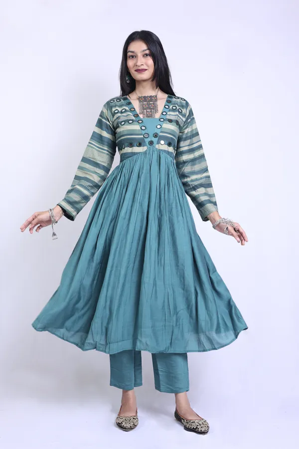 Castleton_Green_Art_Silk_Linen_Blend_Mirror_Work_Anarkali_Kurta_With_Elegant_Trousers_Pant_For_Women