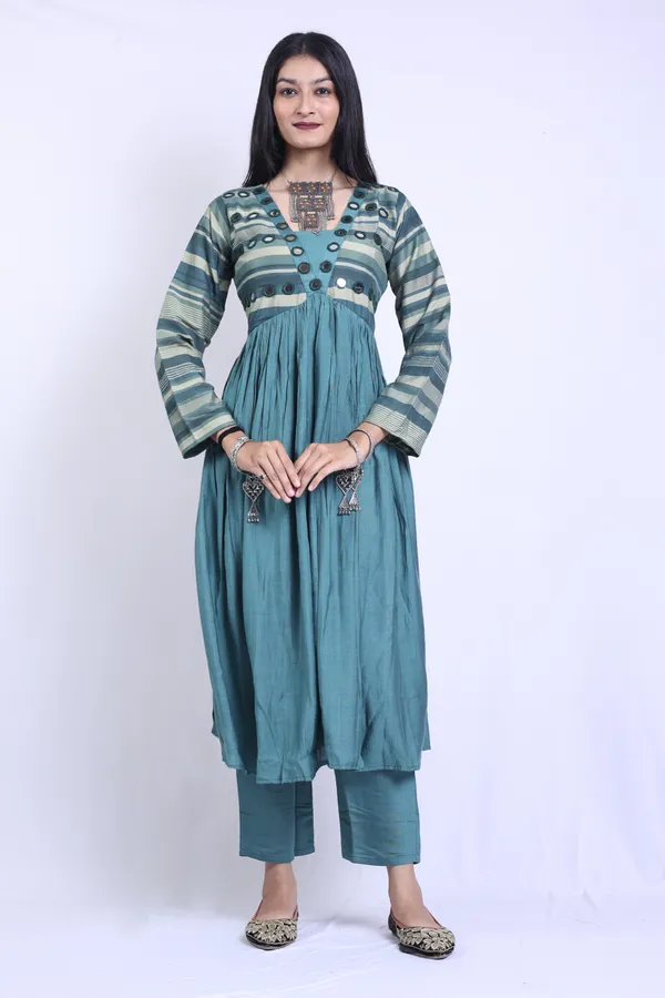 Castleton_Green_Art_Silk_Linen_Blend_Mirror_Work_Anarkali_Kurta_With_Elegant_Trousers_Pant_For_Women
