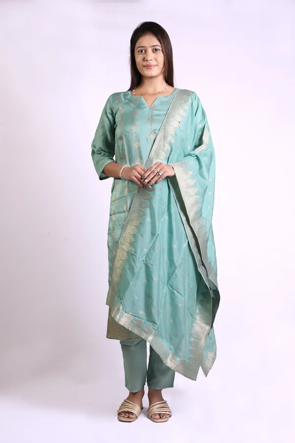 Mineral_Blue_Zari_Embroidered_Gajji_Silk_Kurta_&_Pant_Set_With_Gajji_Silk_Heavy_Dupatta_For_Women