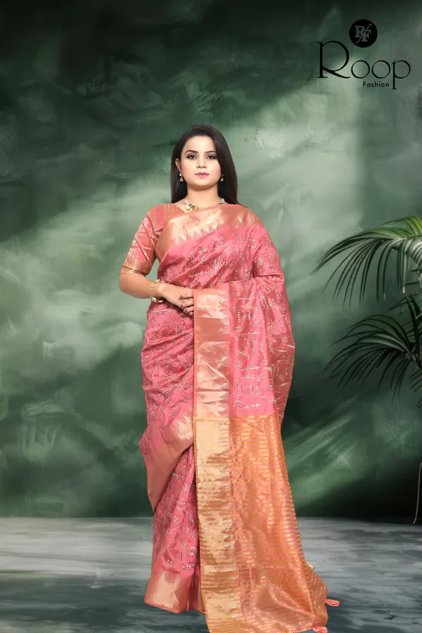 Punch_Pink_Linen_Pure_Cotton_Handcrafted_Embroidery_Saree_For_Women