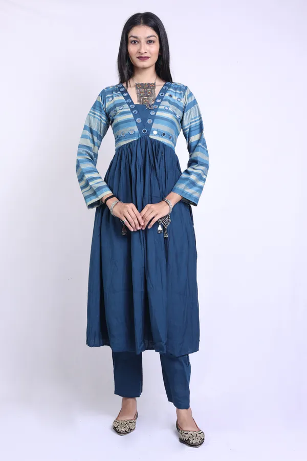 Admiral_Blue_Art_Silk_Linen_Blend_Mirror_Work_Anarkali_Kurta_With_Elegant_Trousers_Pant_For_Women