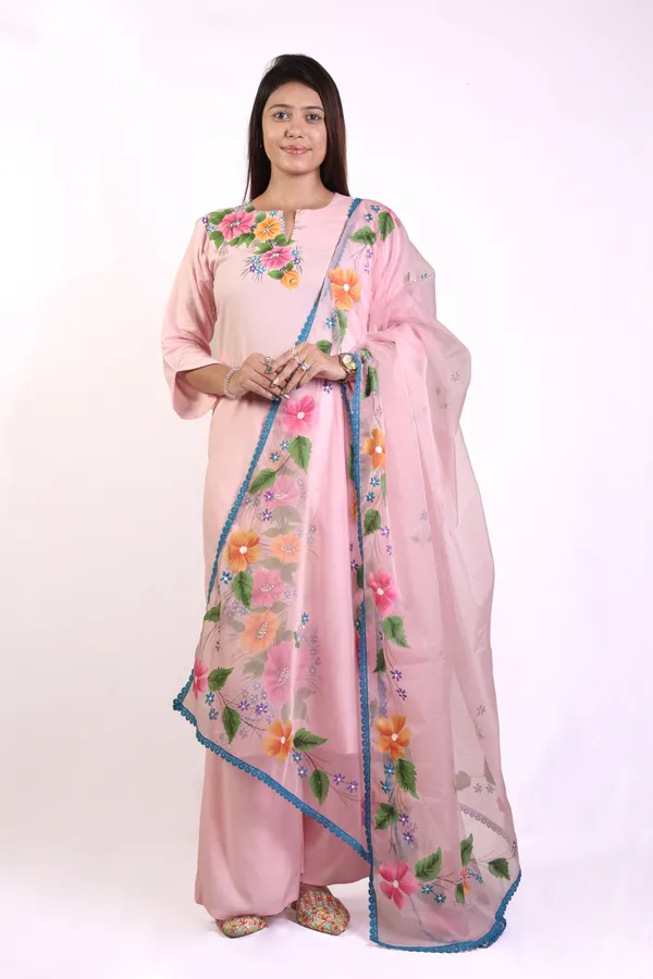 Baby_Pink_Hand_Printed_Rayon_Straight_Kurta_&__Palazzo_Pant_Set_With_Organza_Dupatta_For_Women