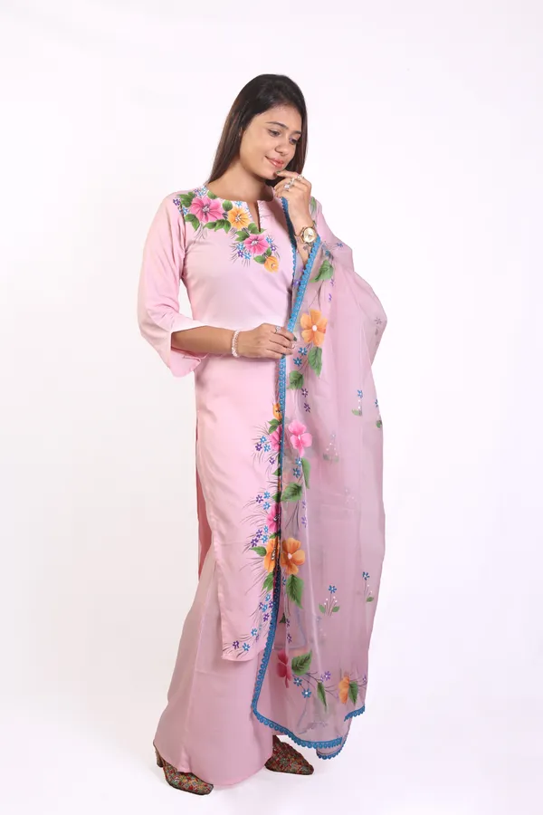 Baby_Pink_Hand_Printed_Rayon_Straight_Kurta_&__Palazzo_Pant_Set_With_Organza_Dupatta_For_Women