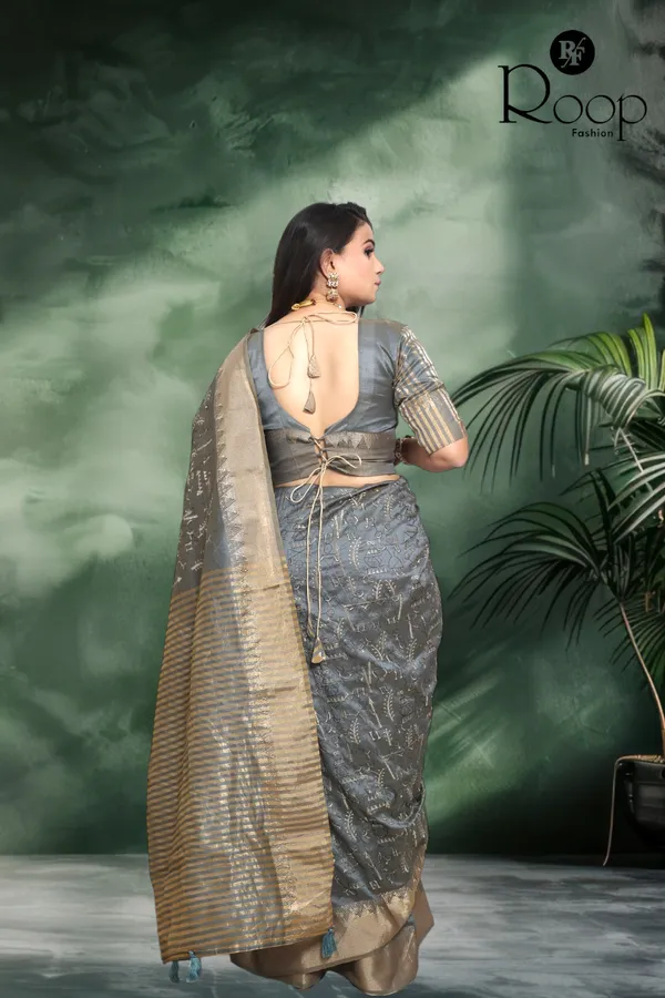 Dark_Gray_Linen_Pure_Cotton_Handcrafted_Embroidery_Saree_For_Women