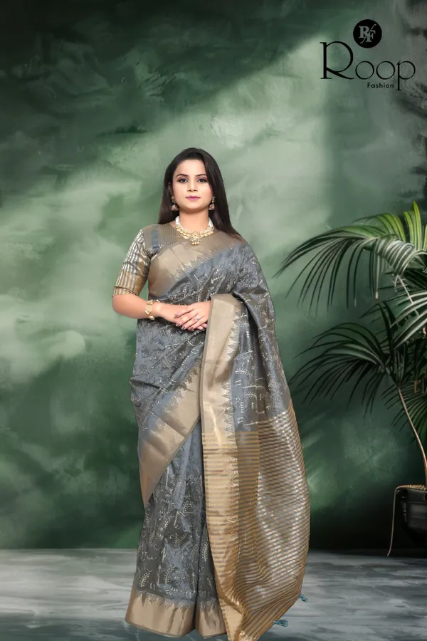 Dark_Gray_Linen_Pure_Cotton_Handcrafted_Embroidery_Saree_For_Women
