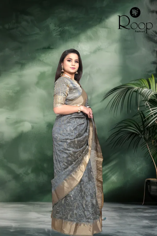 Dark_Gray_Linen_Pure_Cotton_Handcrafted_Embroidery_Saree_For_Women