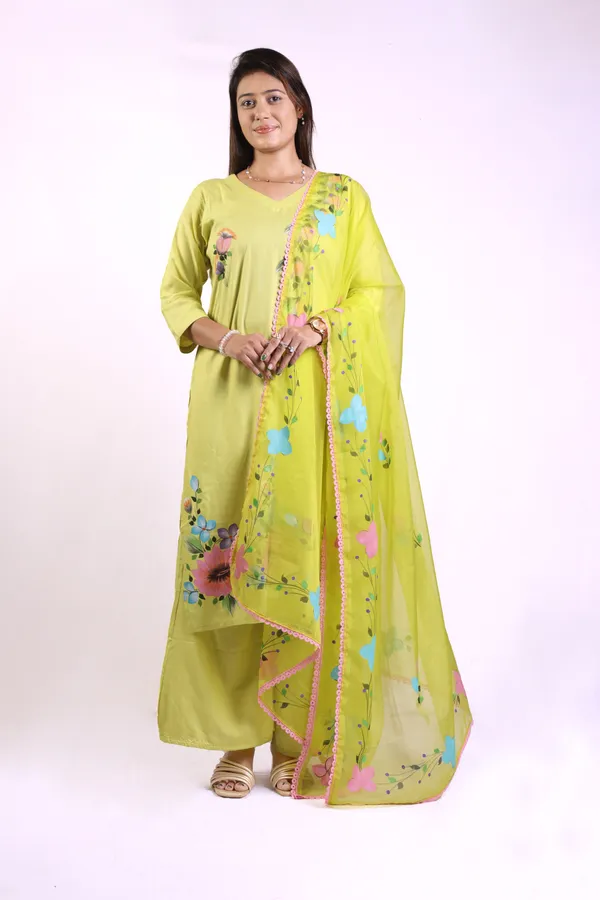 Light_Green_Hand_Printed_Rayon_Straight_Kurta_&__Palazzo_Pant_Set_With_Organza_Dupatta_For_Women