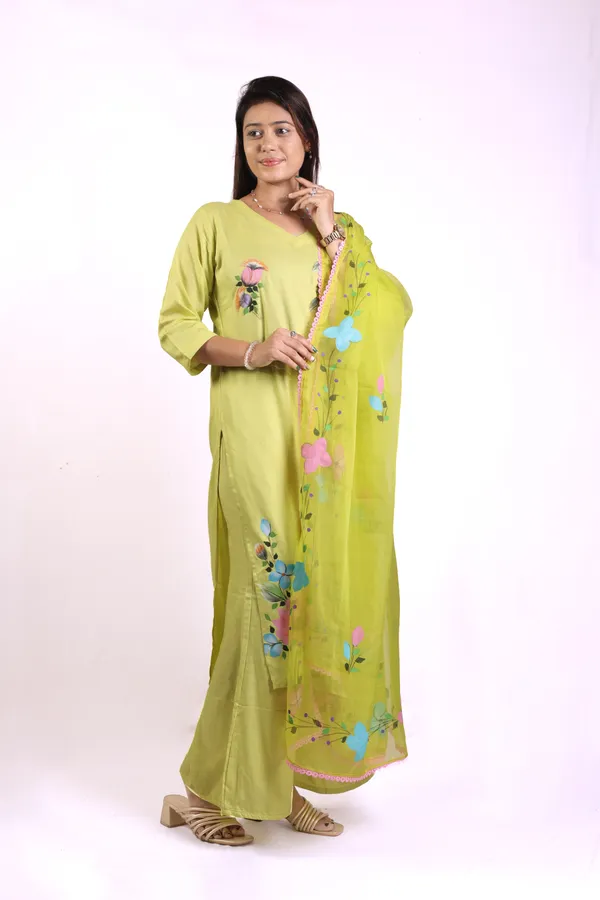 Light_Green_Hand_Printed_Rayon_Straight_Kurta_&__Palazzo_Pant_Set_With_Organza_Dupatta_For_Women